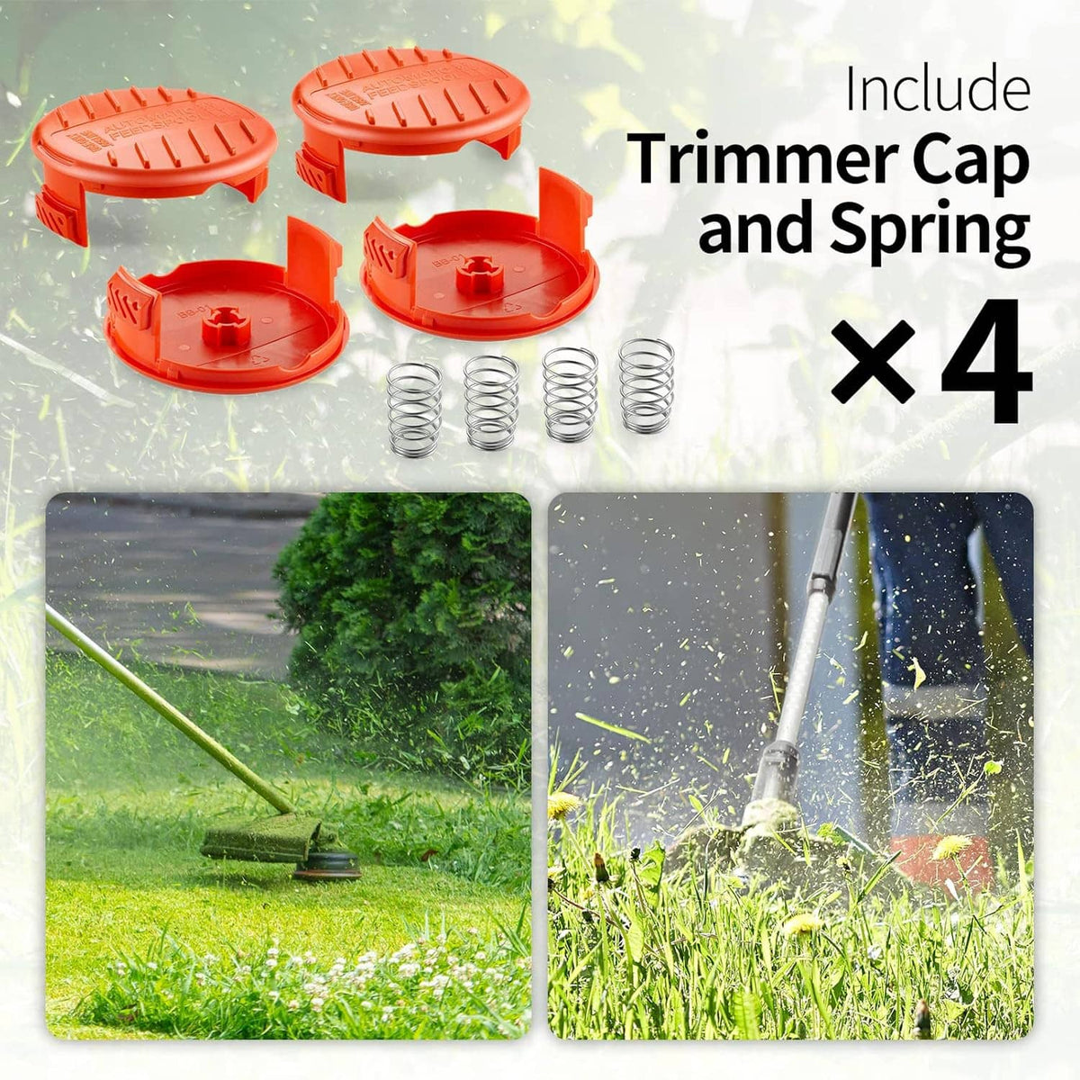 Orange trimmer cap and spring set with four metal springs, multiple cap views
