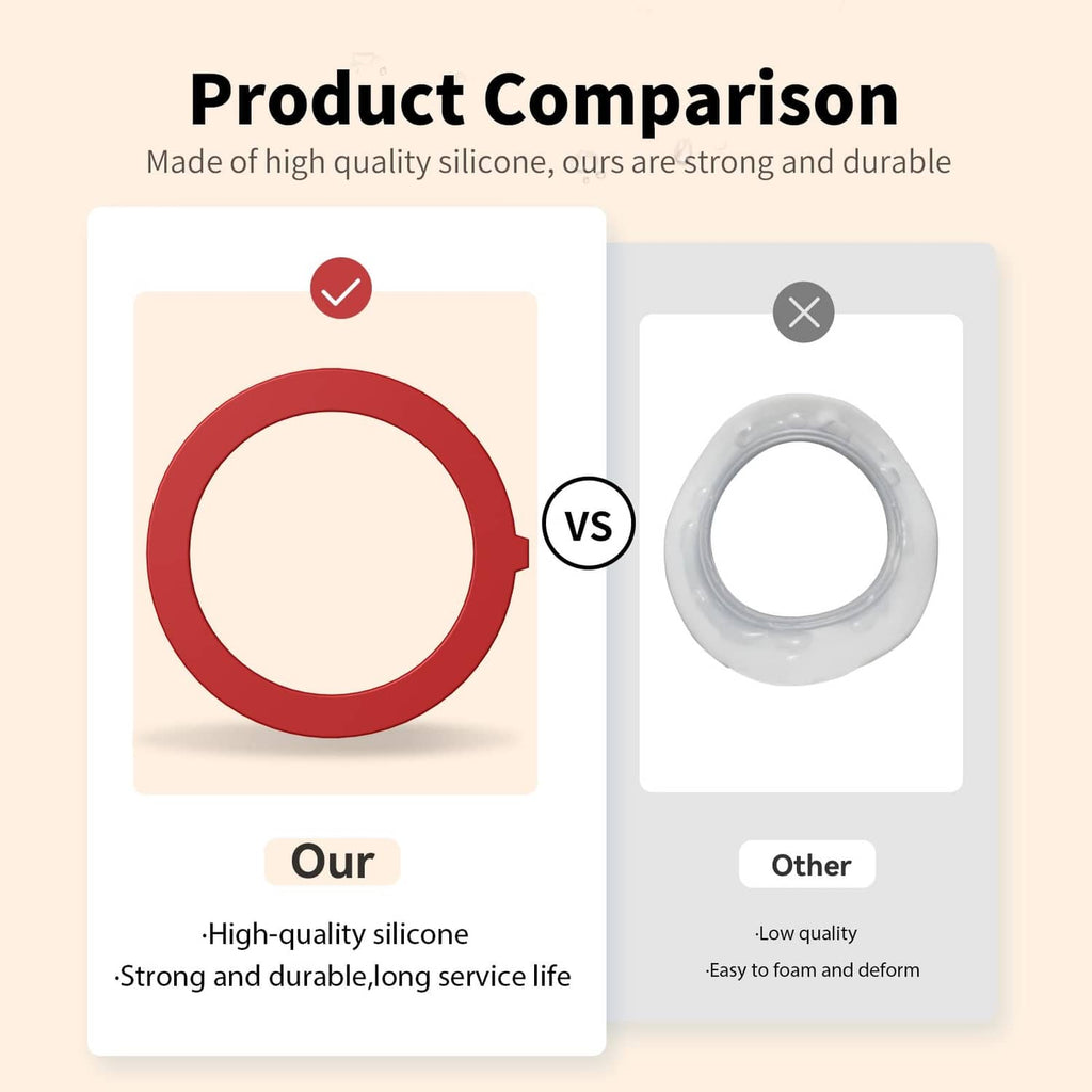 Flush valve seal product comparison graphic with red silicone ring