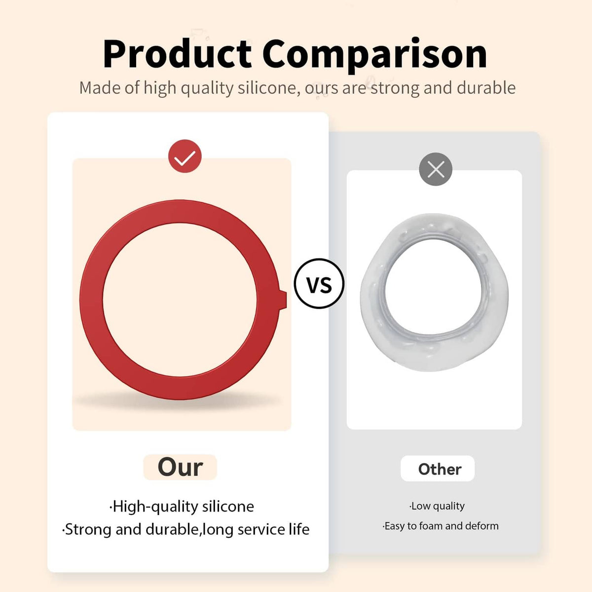Flush valve seal product comparison graphic with red silicone ring