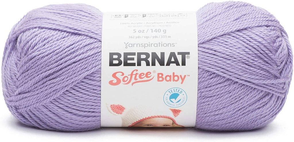 Lavender Bernat Softee Baby yarn skein with brand label wrap