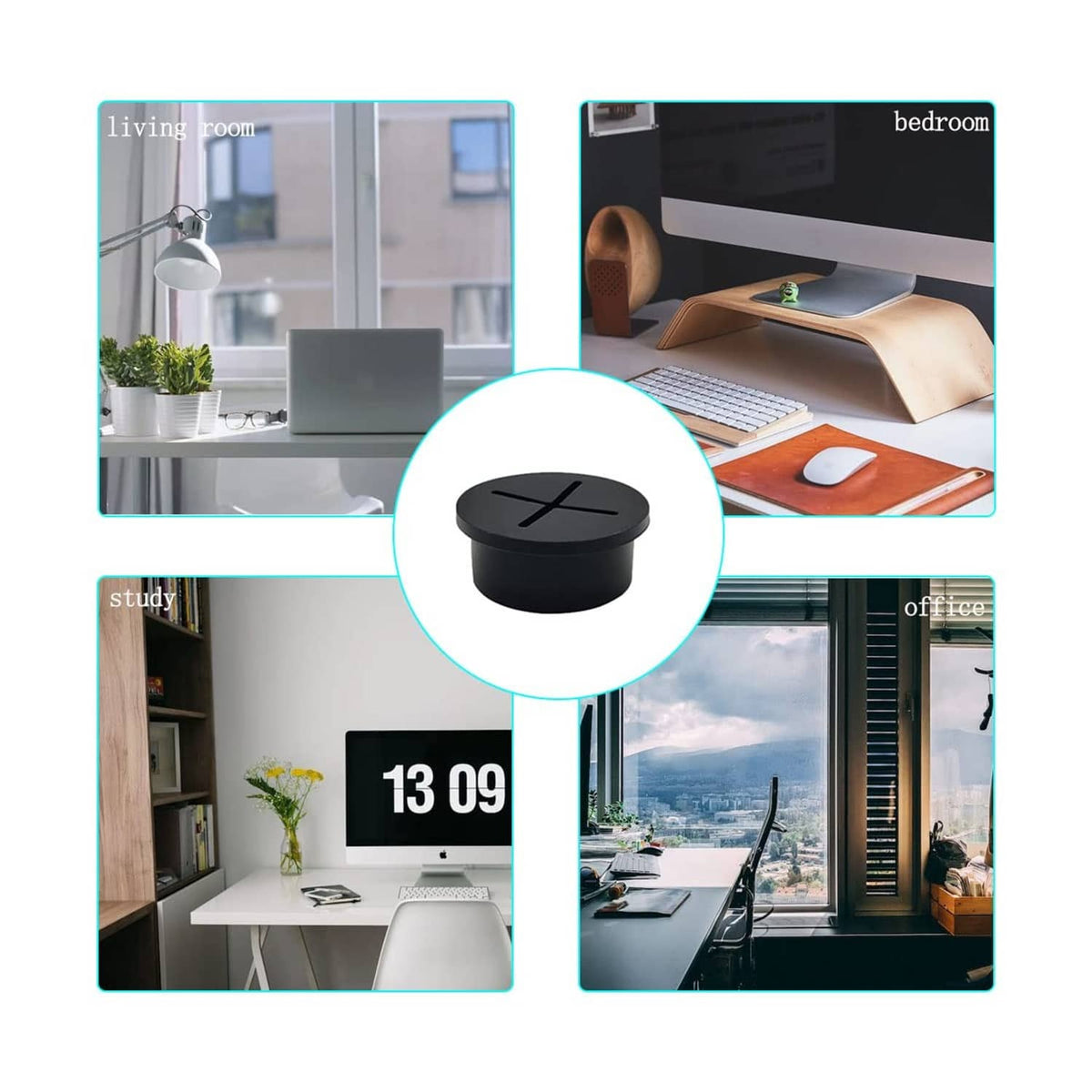 Black round rubber cable grommet with X-slit top for organizing cords