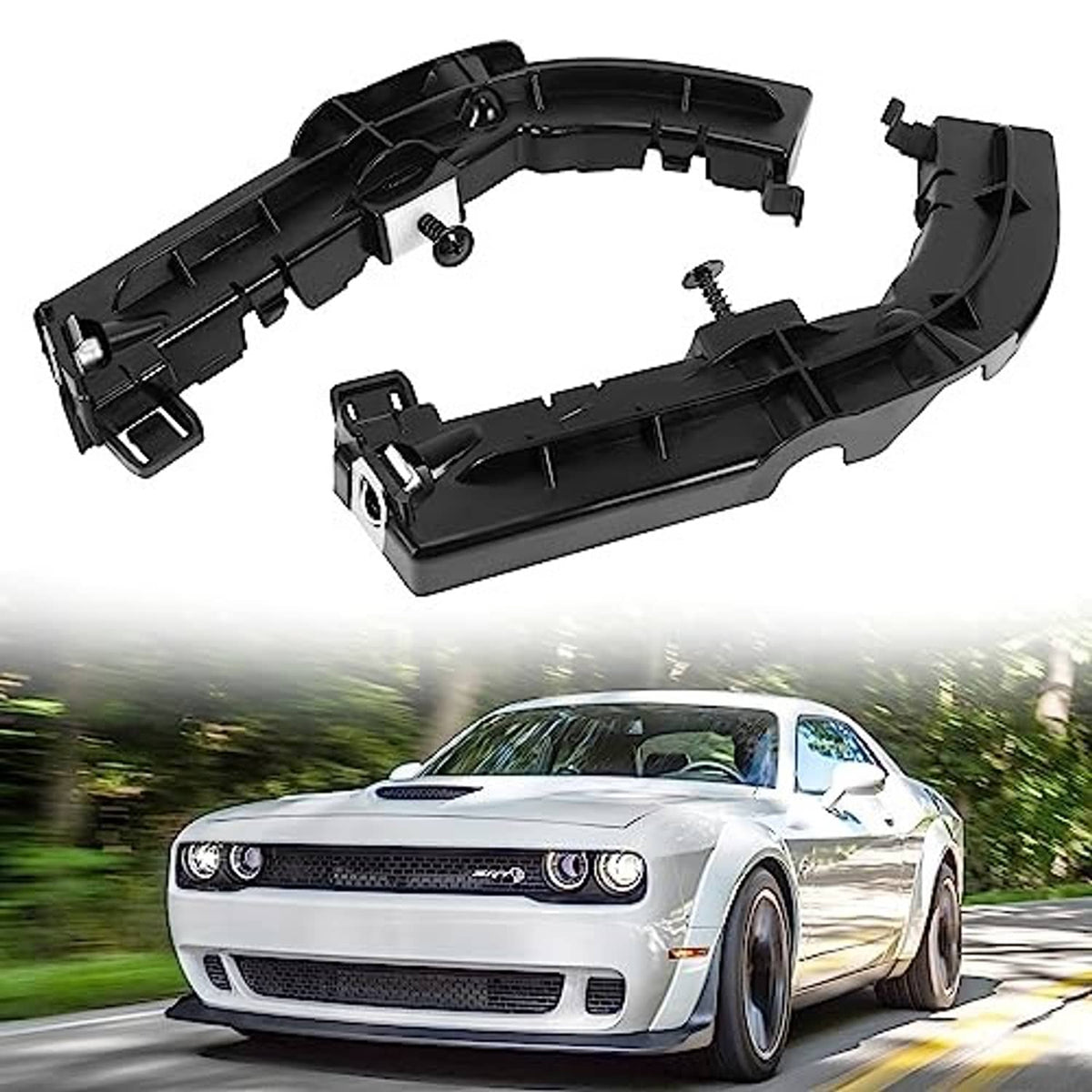 Black bumper support bracket pair with bolts and clips, front left and right