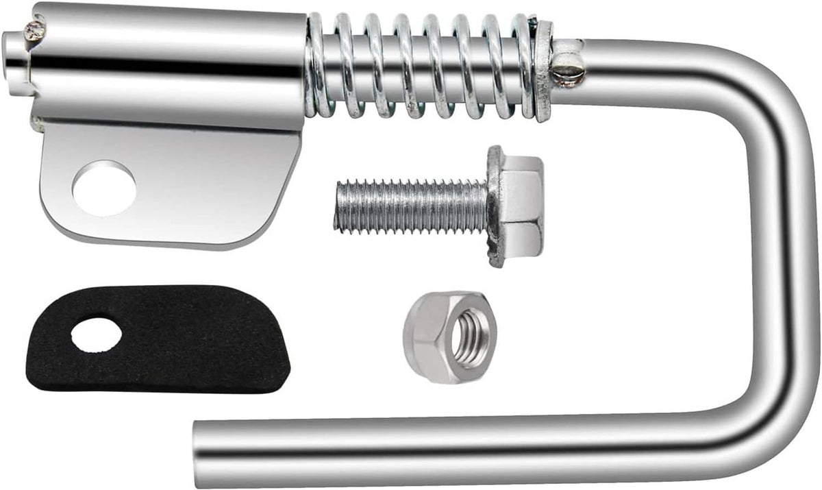 Retractable rafter hook tool with chrome U-handle, spring, screws, and black pad