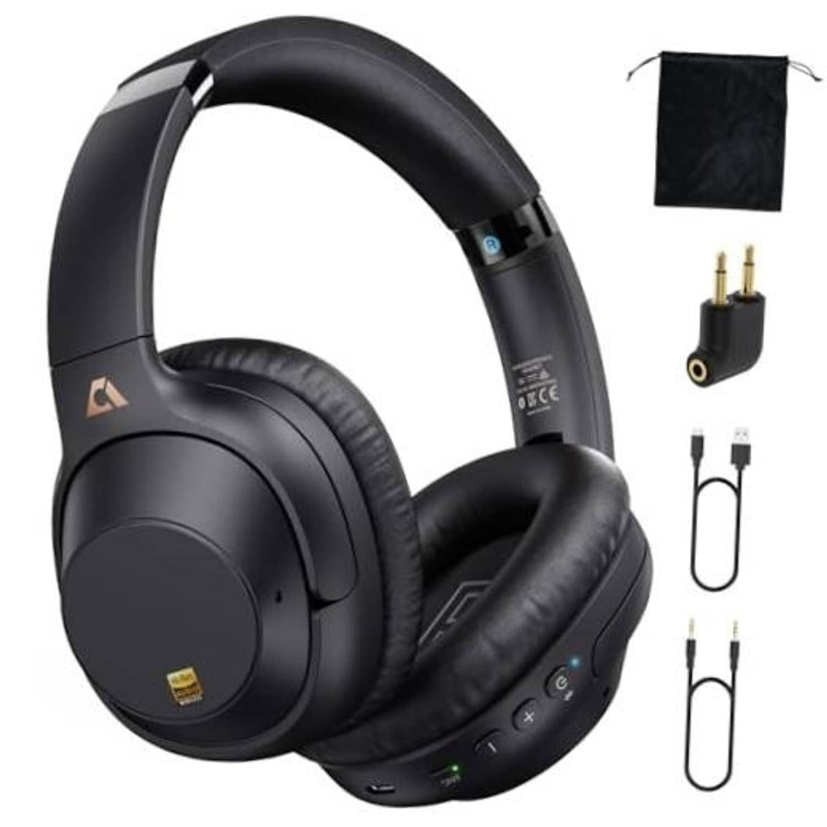 Black over-ear wireless headphones with padded ear cups and foldable headband