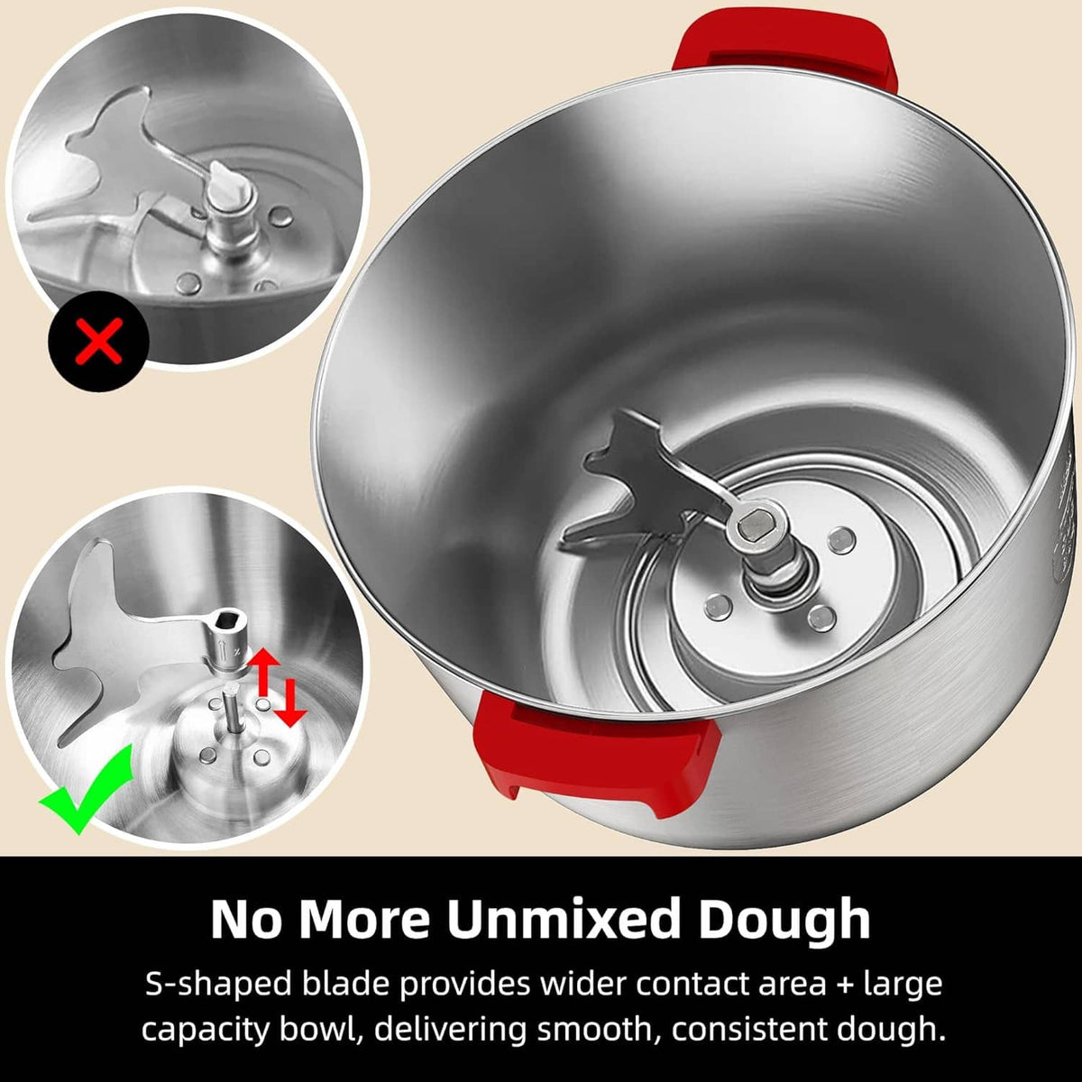 Stainless dough bowl with S-shaped blade and red base sides for mixing