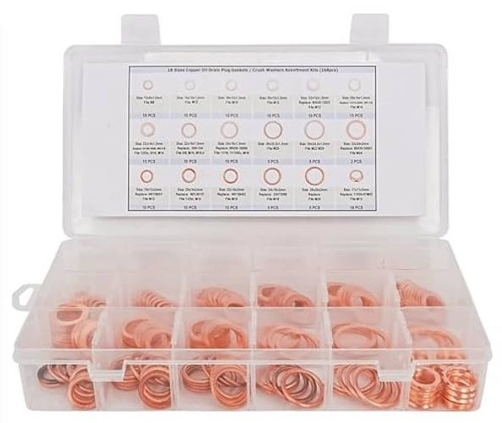 Copper oil drain plug gasket kit in open clear organizer box with size chart