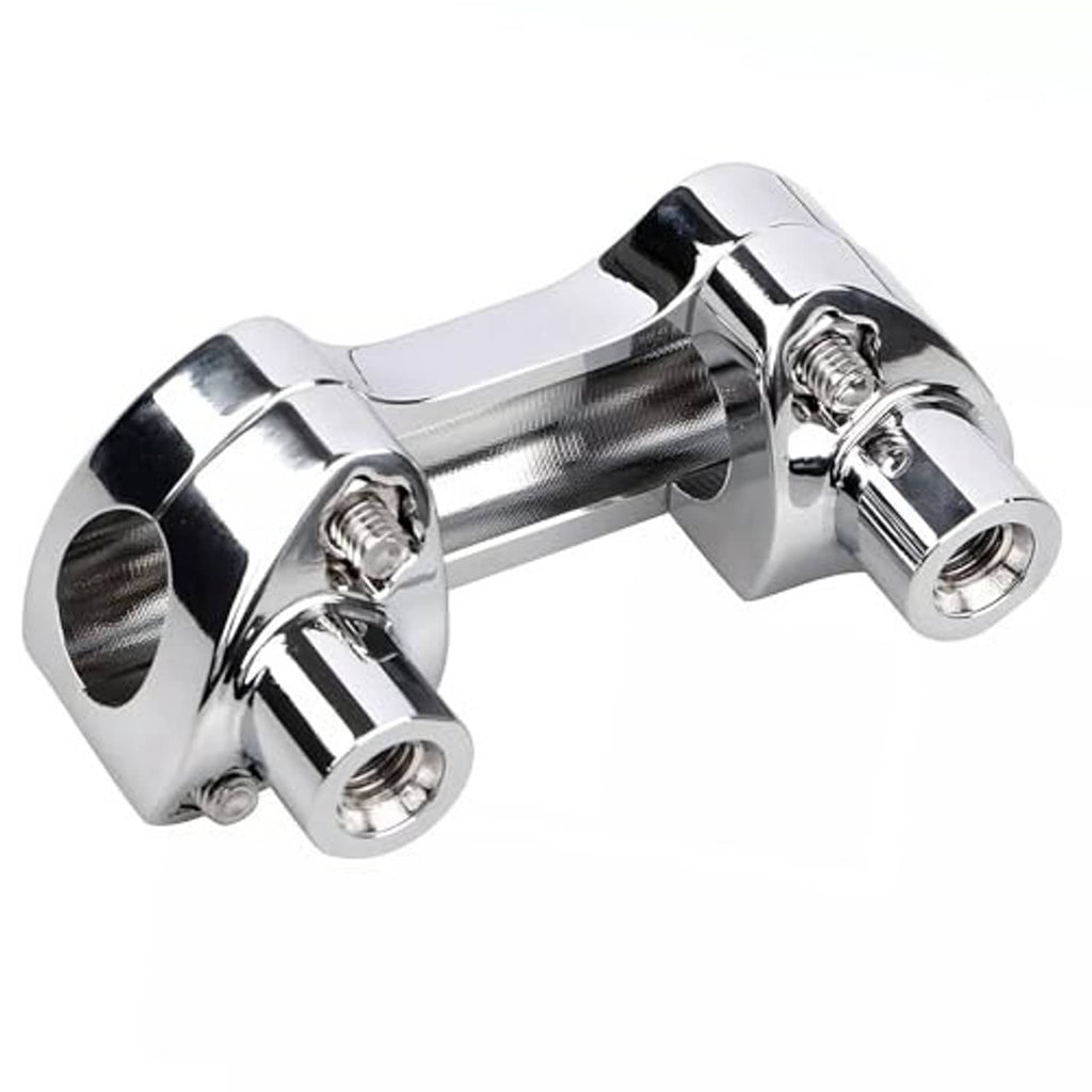 Chrome handlebar riser with black insert covers and mounting bolts on both ends
