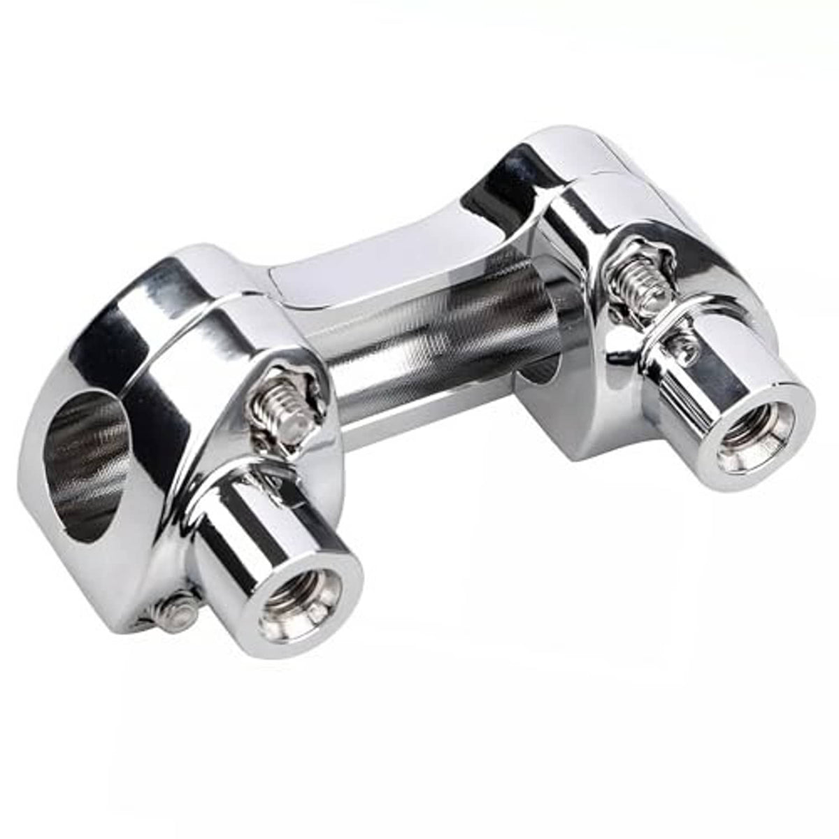 Chrome handlebar riser with black insert covers and mounting bolts on both ends