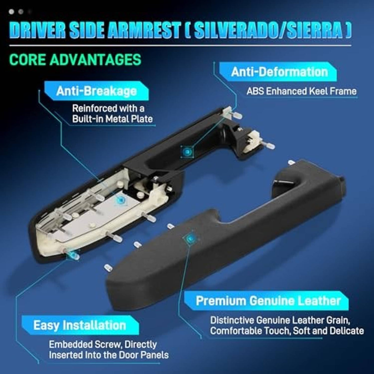 Driver-side armrest handle with exploded parts diagram and reinforced frame details
