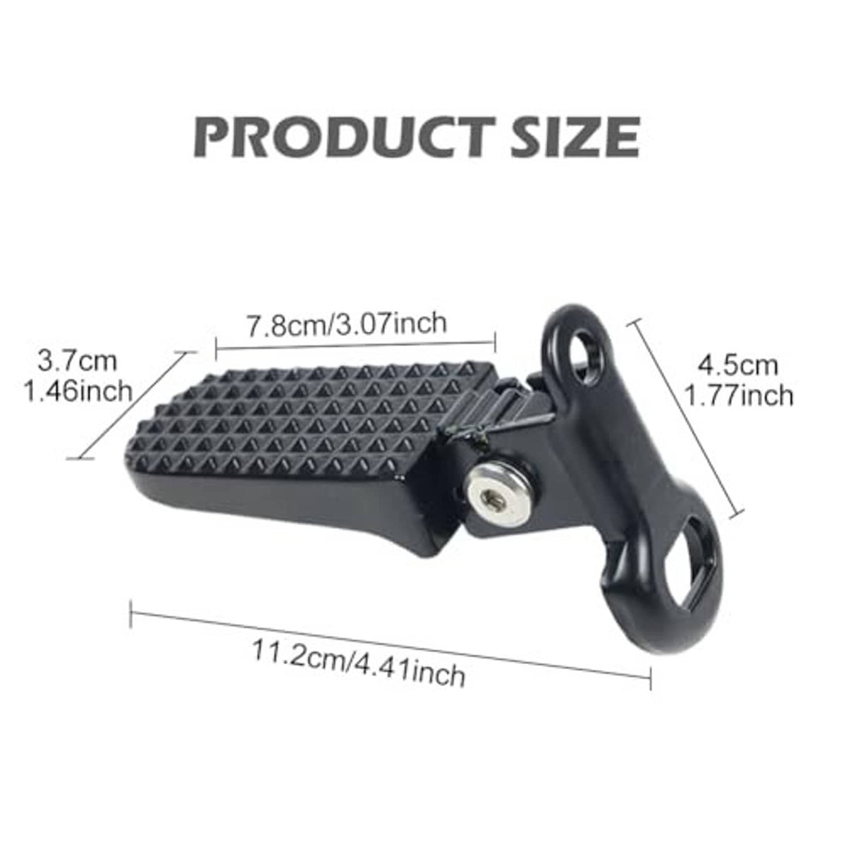 Mini bike foot peg set showing textured platform and U-shaped mount, dark finish