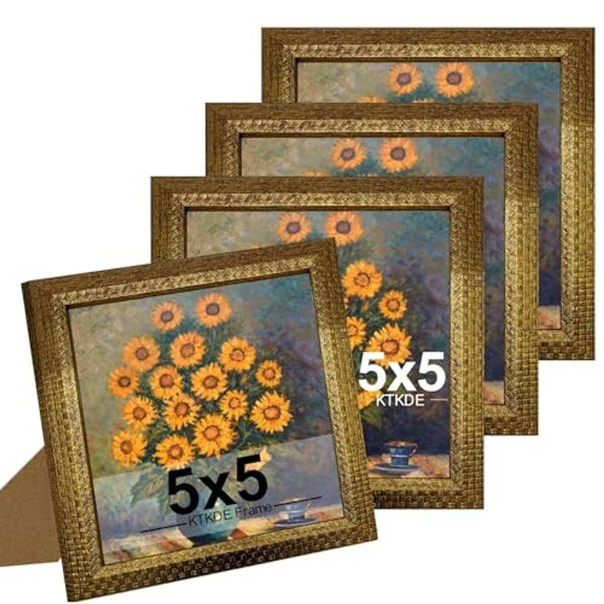 Stacked view of four ornate gold vintage 5x5 photo frames