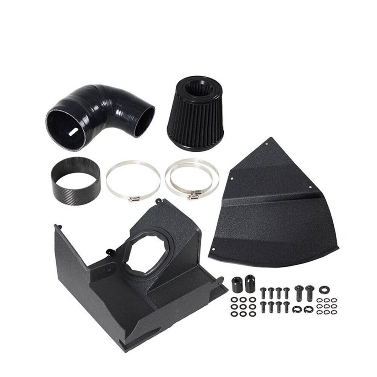 Black cold air intake kit set with intake tube, cone filter, clamps and mounting shields