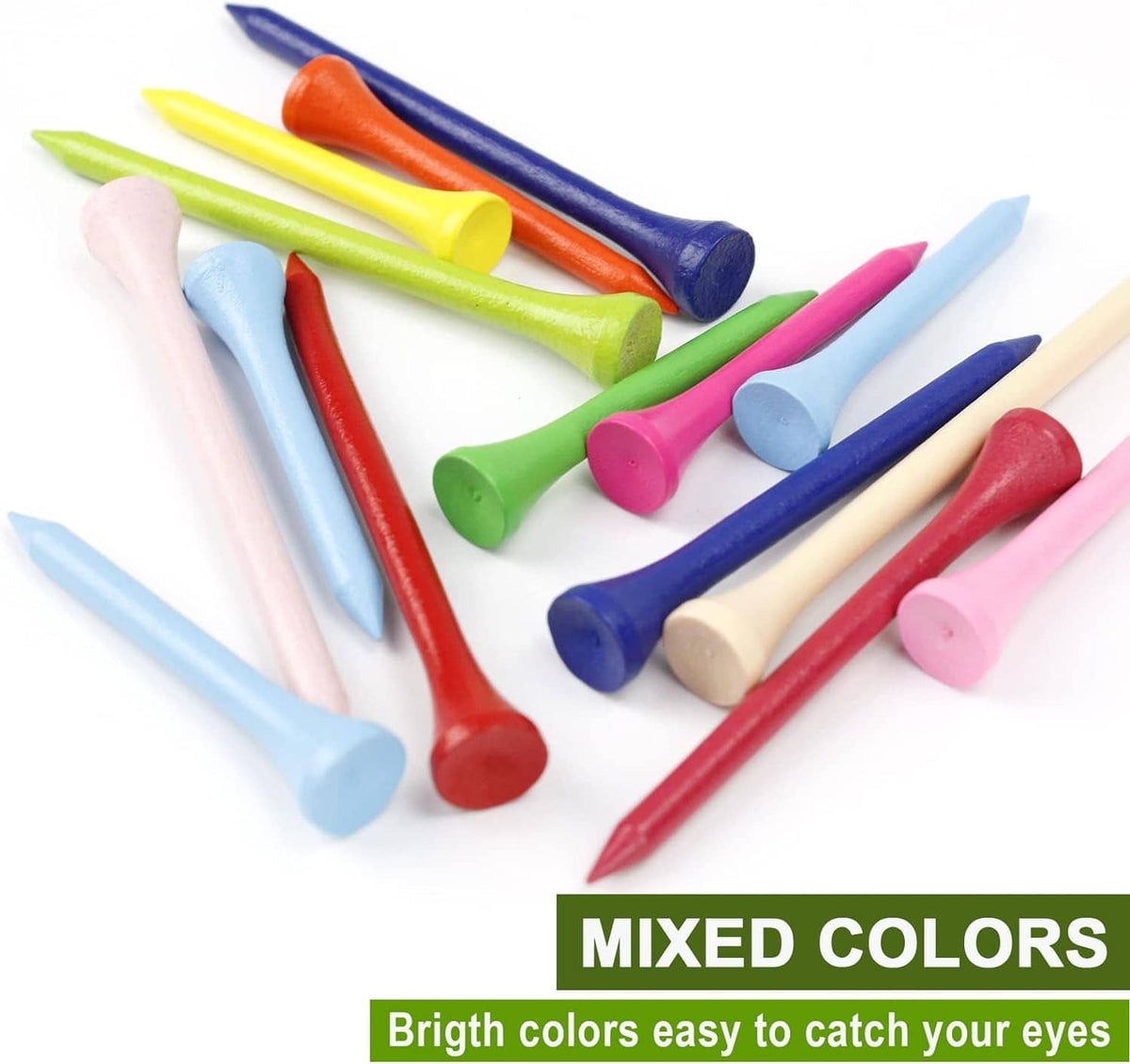 Colorful mixed wood golf tees laid together, including green, pink, blue, red, and yellow