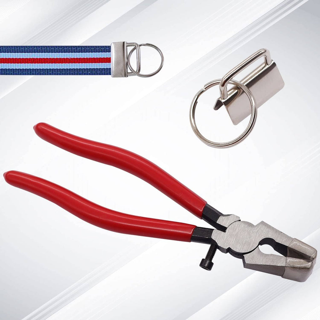 Key fob clamp with silver key ring on striped strap; red-handled tool