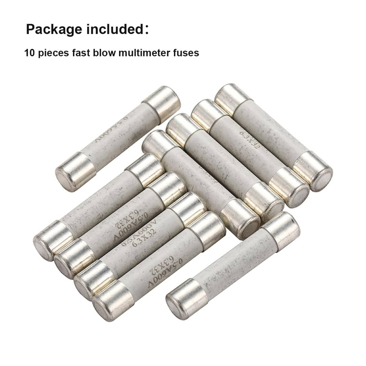 Fast-blow multimeter fuses, package of 10 pieces, ceramic barrels with metal end caps