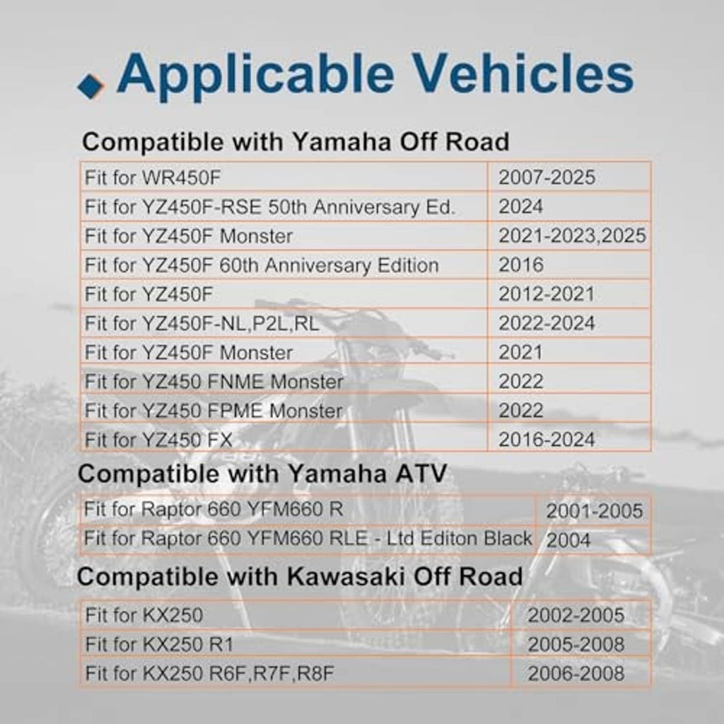 Applicable vehicles list for Yamaha and Kawasaki off-road models; compatibility chart