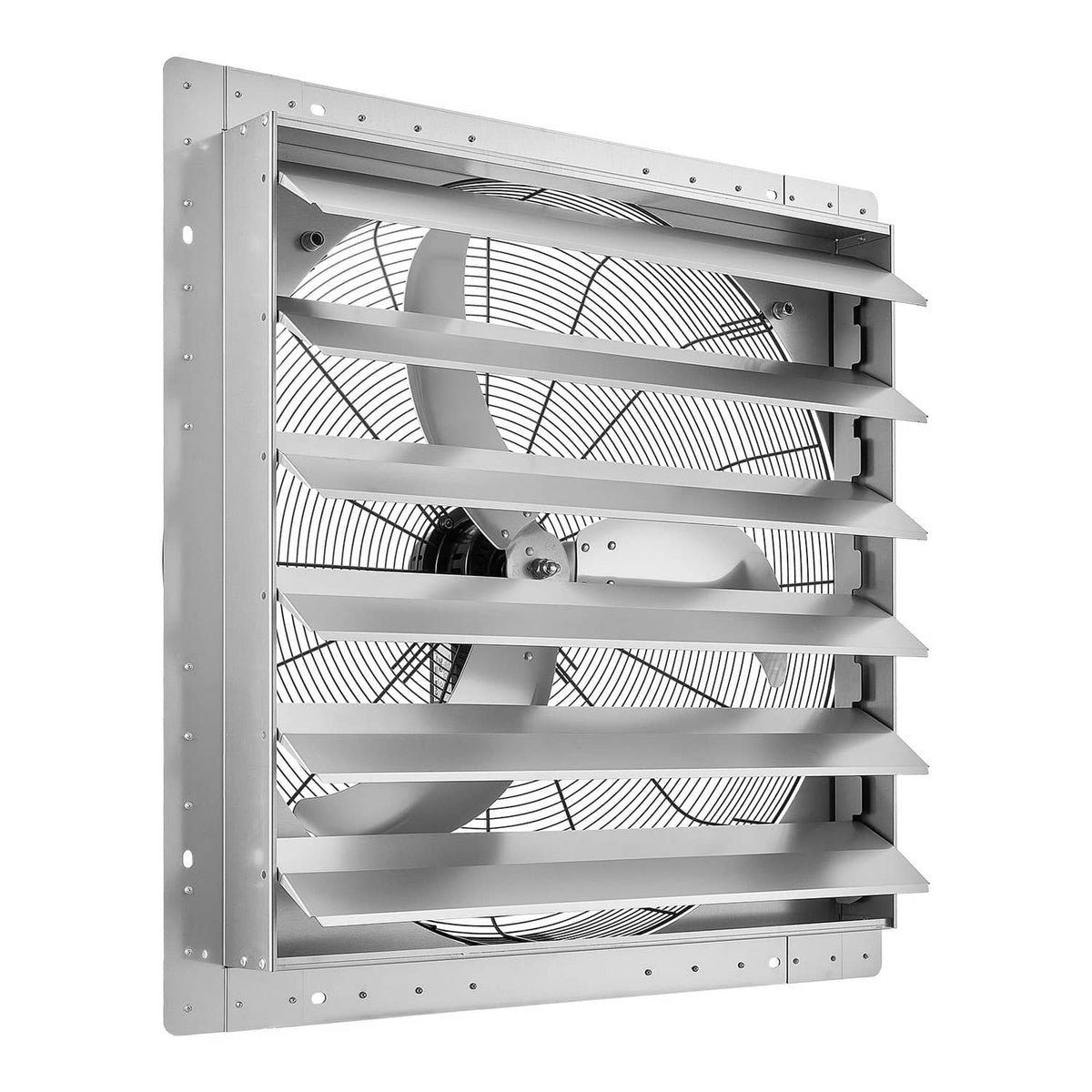 Wall-mounted shutter exhaust fan with silver louvers and visible blades