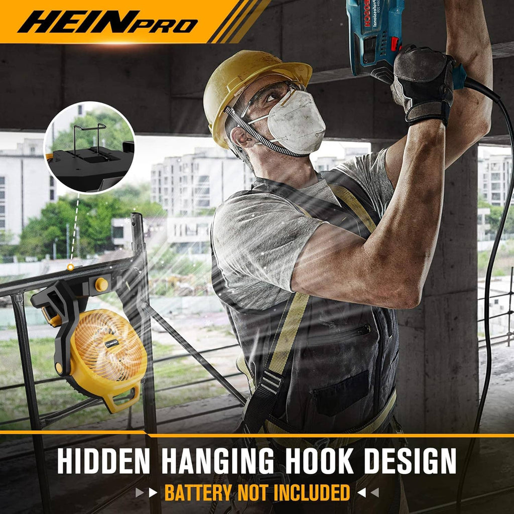 Yellow portable fan with hidden hanging hook design, black base and control knob