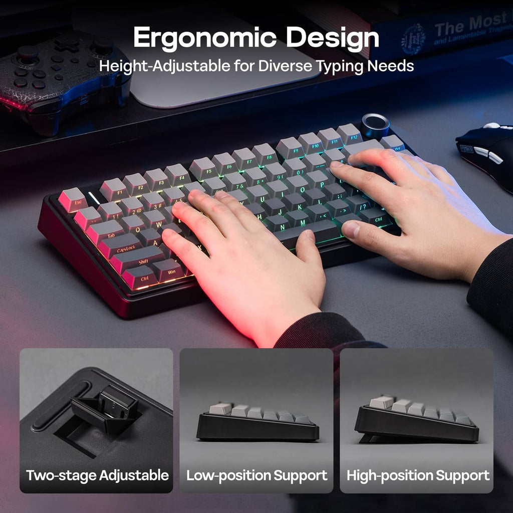 Mechanical keyboard with RGB keycaps in use, showing adjustable typing stand