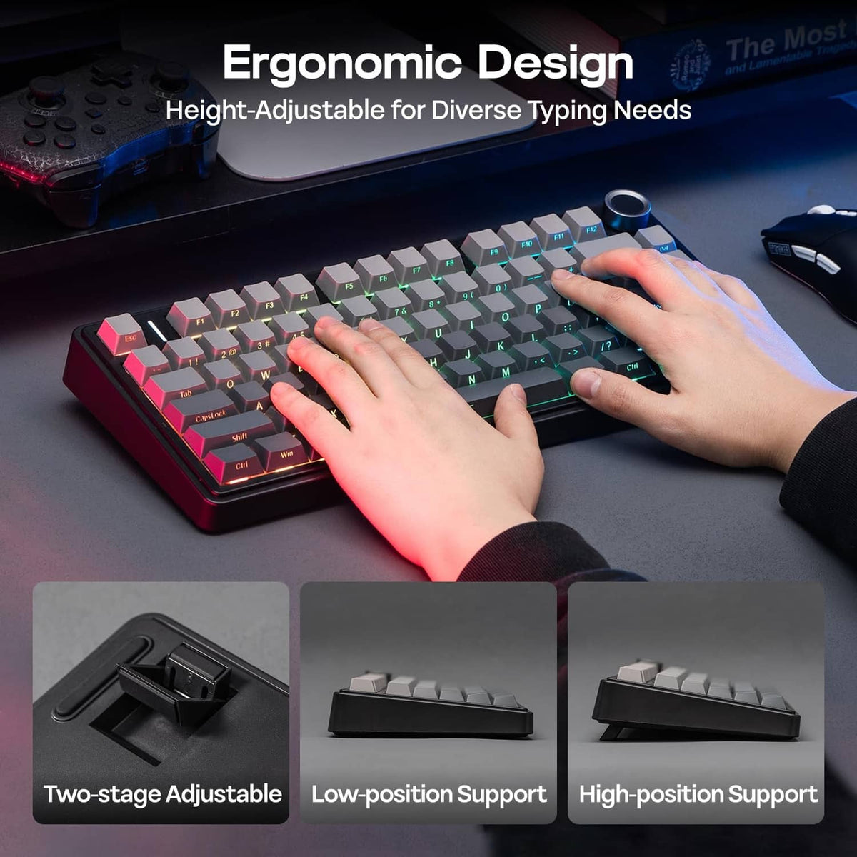 Mechanical keyboard with RGB keycaps in use, showing adjustable typing stand