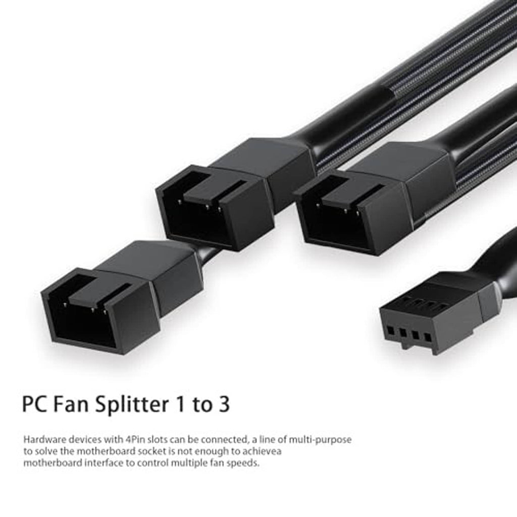 3-way 4-pin PWM fan splitter cable with three black connectors