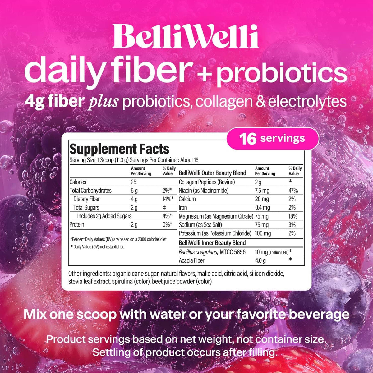 Supplement facts panel for daily fiber + probiotics powder