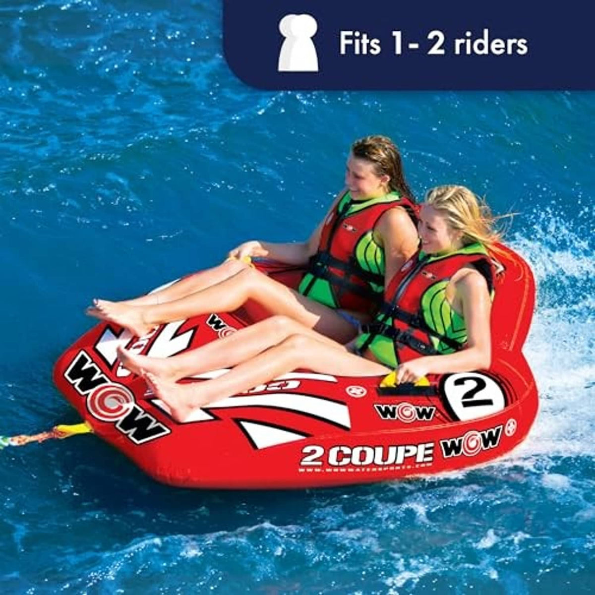 Wow Coupe 2-person inflatable boat towable tube with two riders seated in cockpit