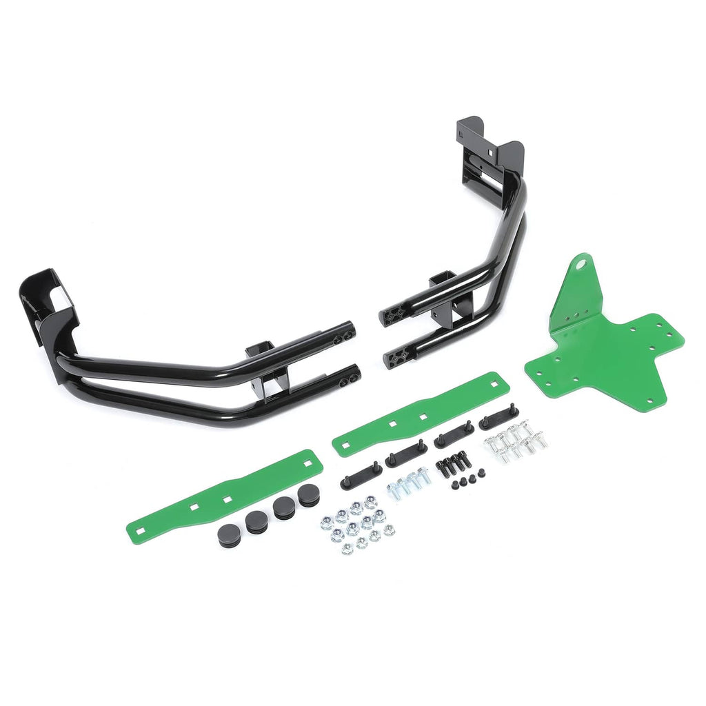 Black rear bumper bar and hitch brackets with green mounting plate and hardware kit