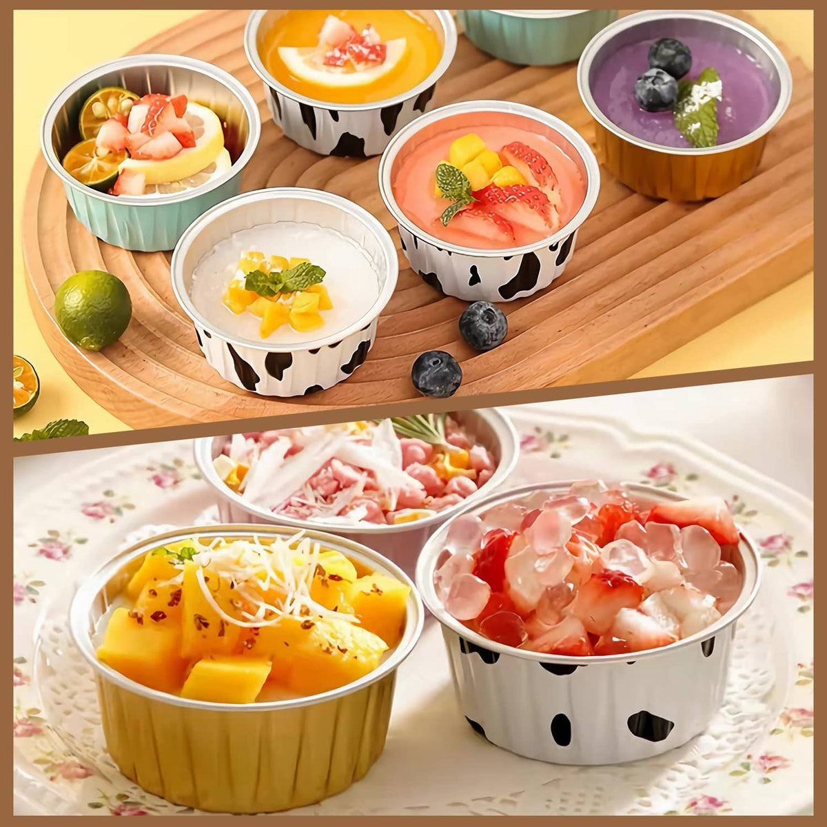 Assorted disposable ramekins with round lids holding prepared dessert portions