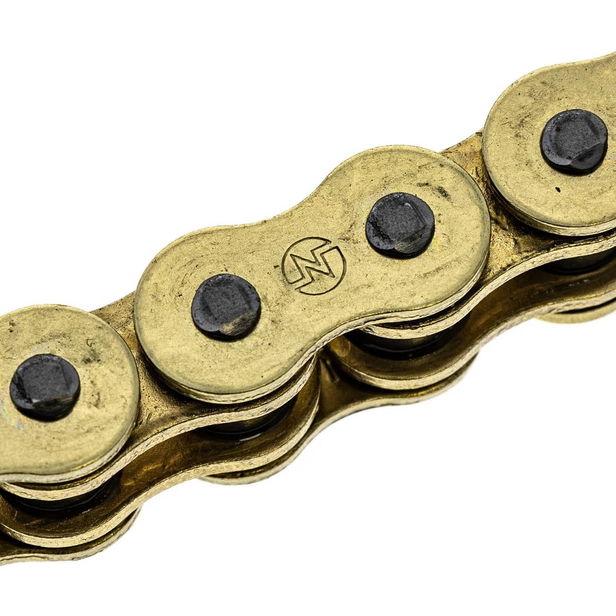 Gold connecting master link with neighboring X-ring chain links and black O-rings