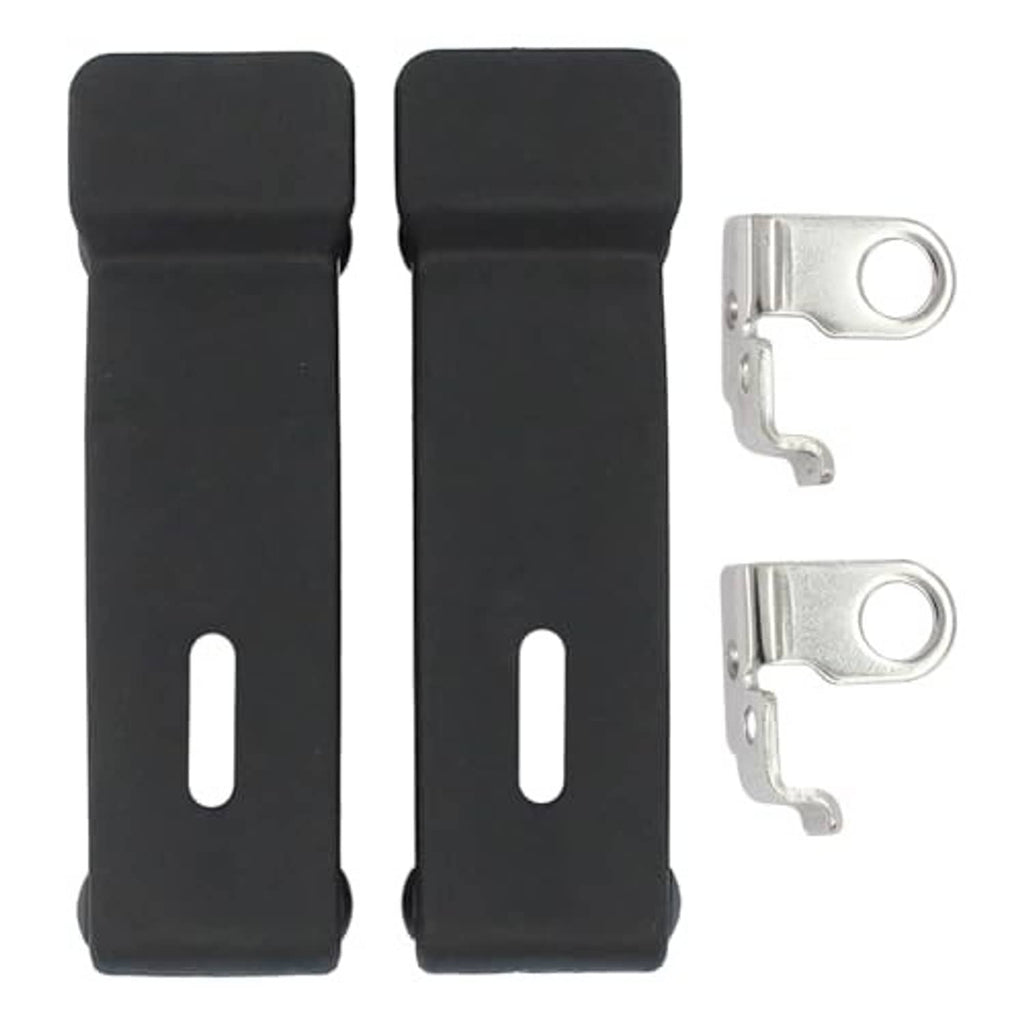 Two black storage rack latch pieces with two silver metal clip brackets