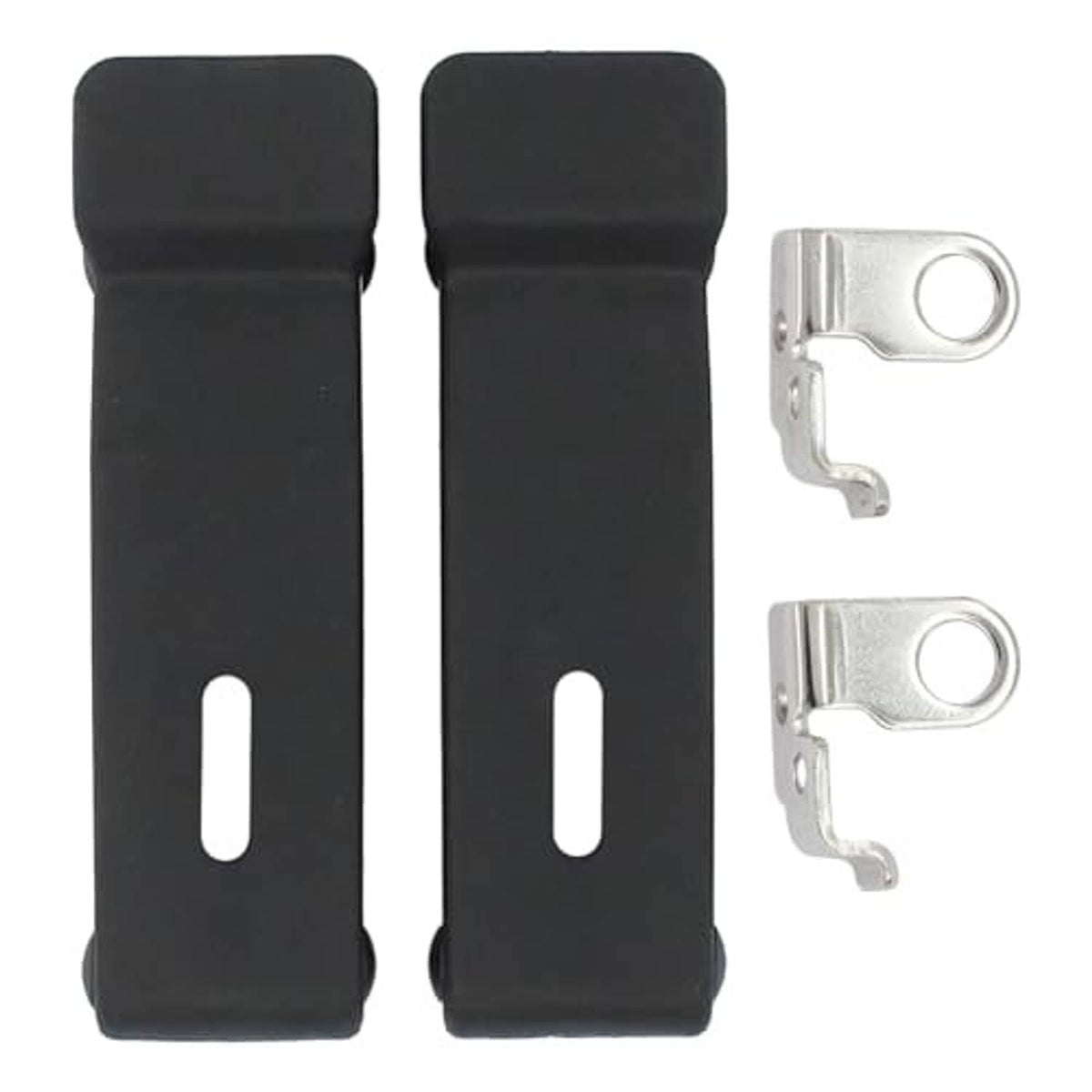 Two black storage rack latch pieces with two silver metal clip brackets