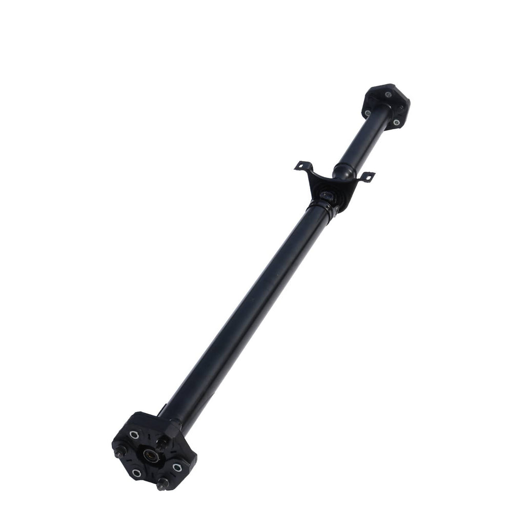 Rear drive prop shaft with black shaft and end flanges, mounting bracket included