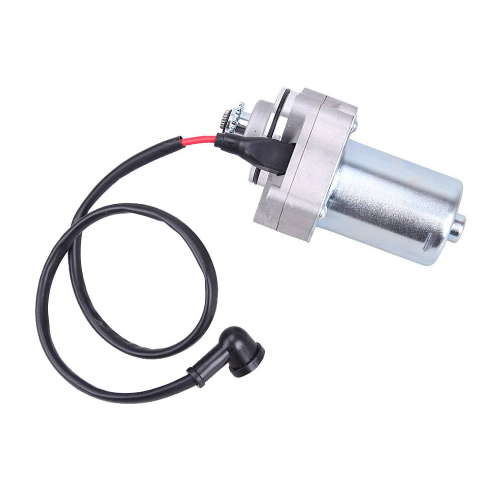 Starter motor with silver housing and black wire harness with red lead