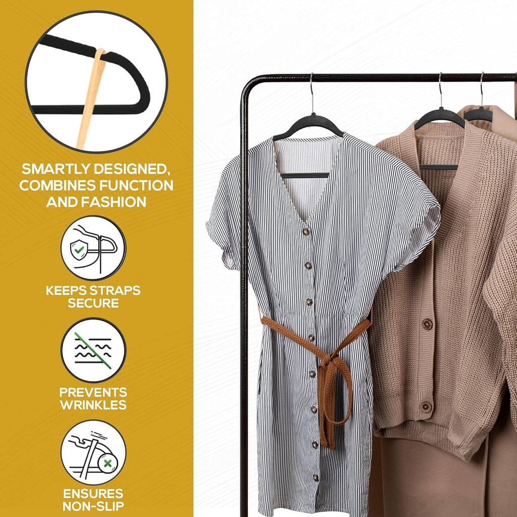 Black velvet hanger on a rack, helps prevent slipping for shirts and sweaters