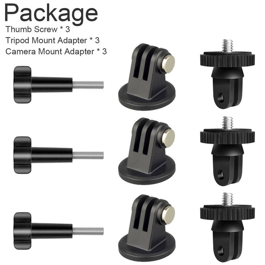 Package set of black tripod mount adapters and thumb screws with threaded studs