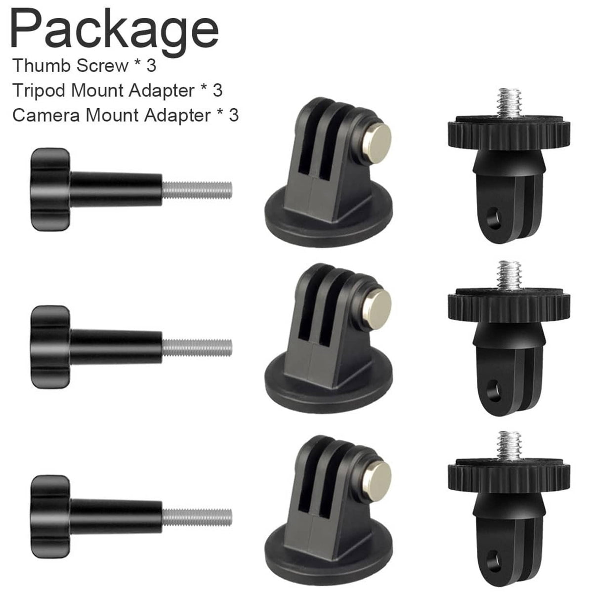 Package set of black tripod mount adapters and thumb screws with threaded studs