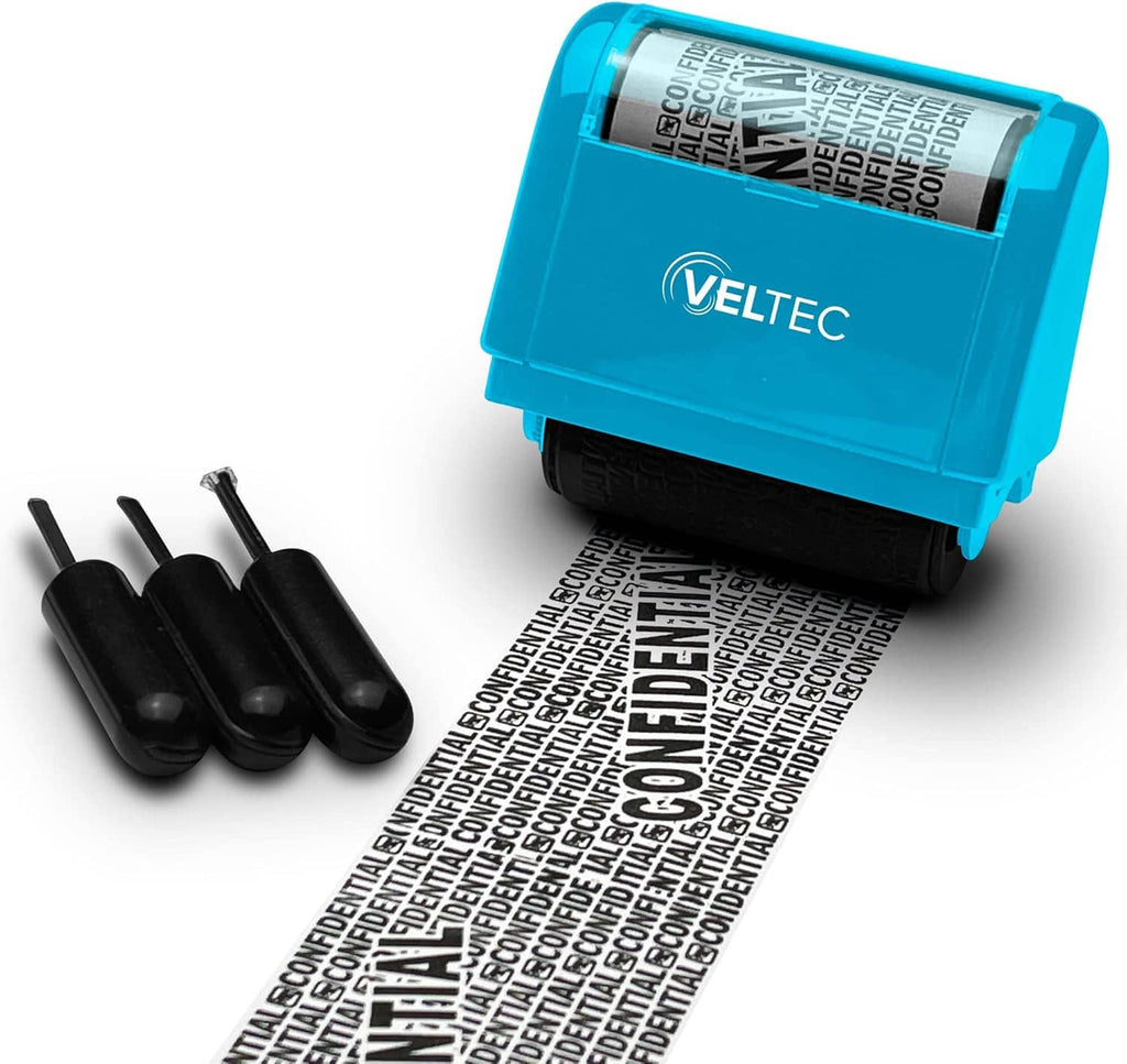 Blue identity ink roller stamp with 3 black ink cartridges and security text imprint
