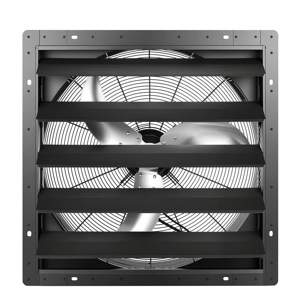 Wall-mount shutter exhaust fan with black louvered frame and visible fan blades