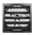 Wall-mount shutter exhaust fan with black louvered frame and visible fan blades