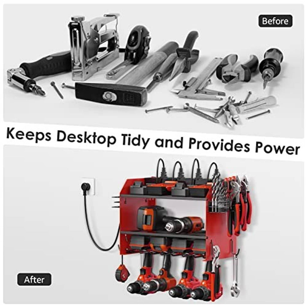 Red and black power tool organizer showing before and after setup with tools on board