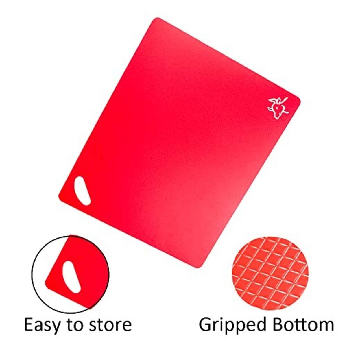 Red flexible cutting board mat with corner hole, grippy bottom texture for secure cutting