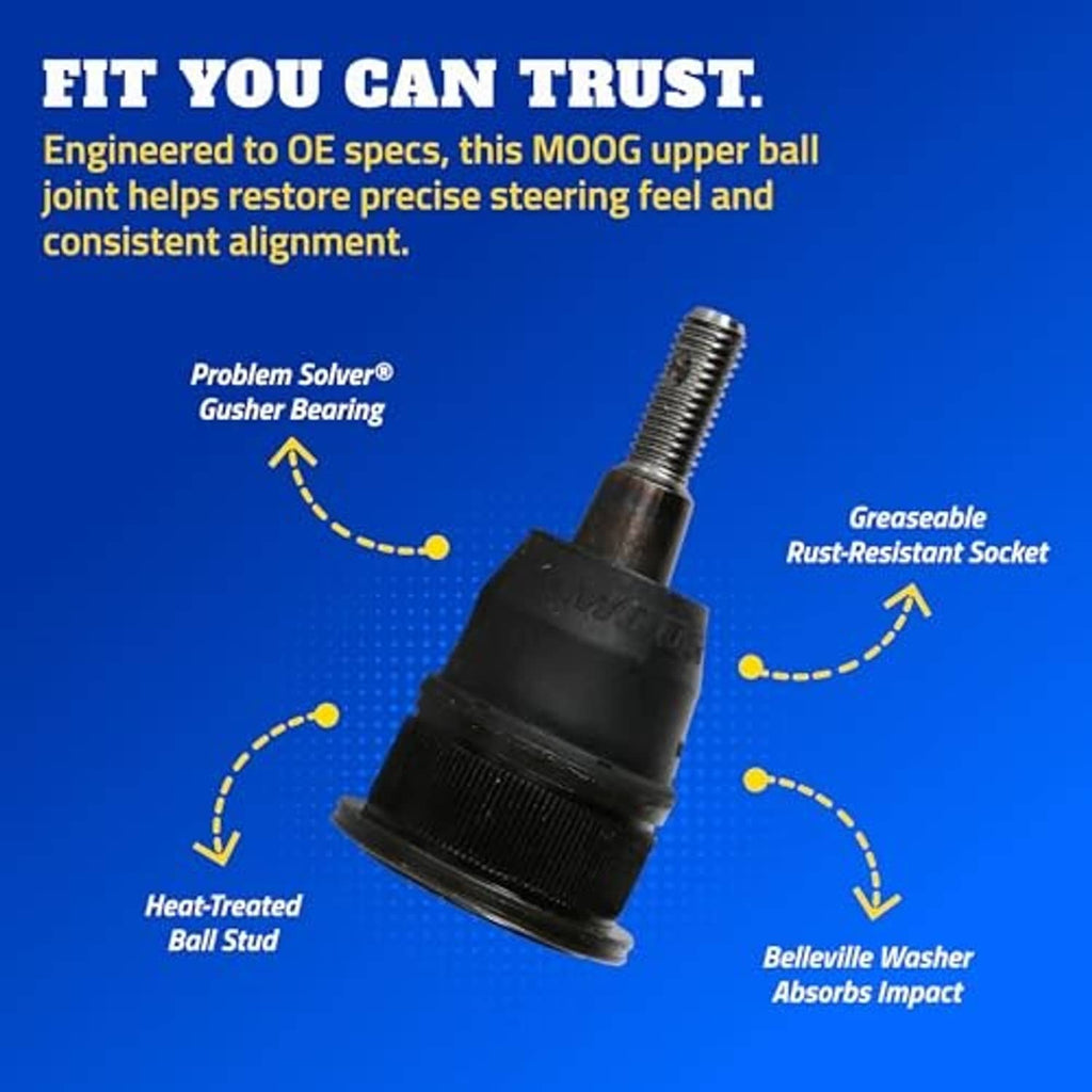 Upper ball joint with greasable socket, black rubber boot, and threaded stud