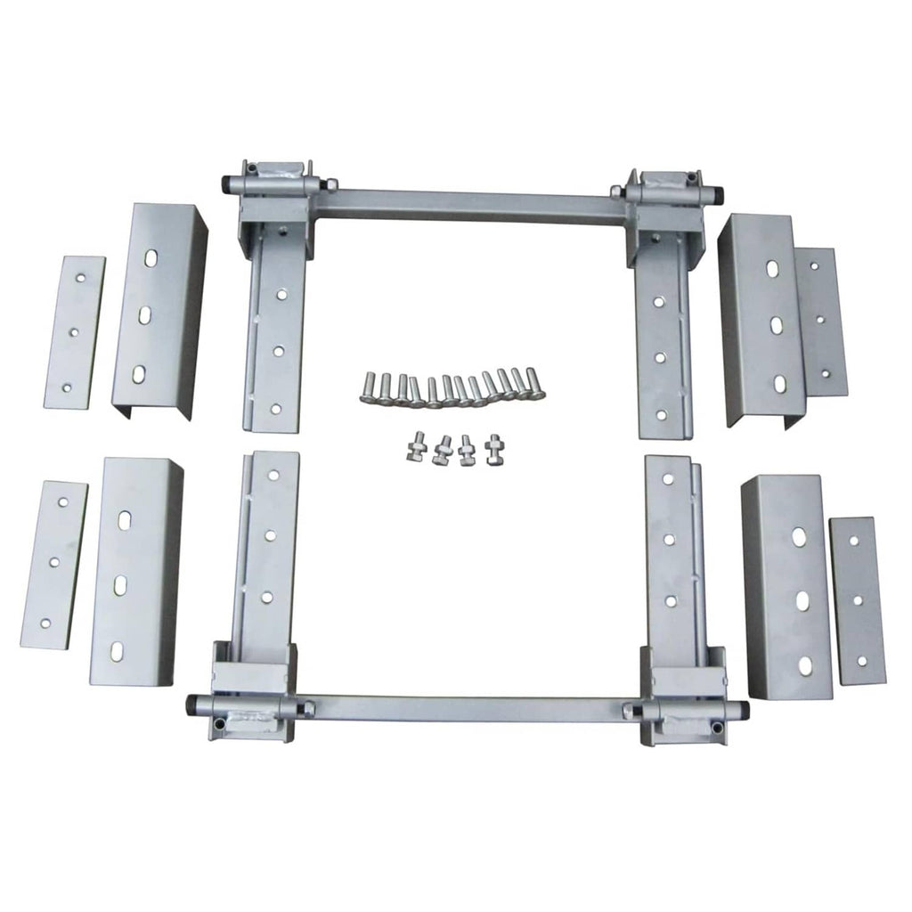Hidden door hinge kit with metal frame, side brackets, mounting plates and screws