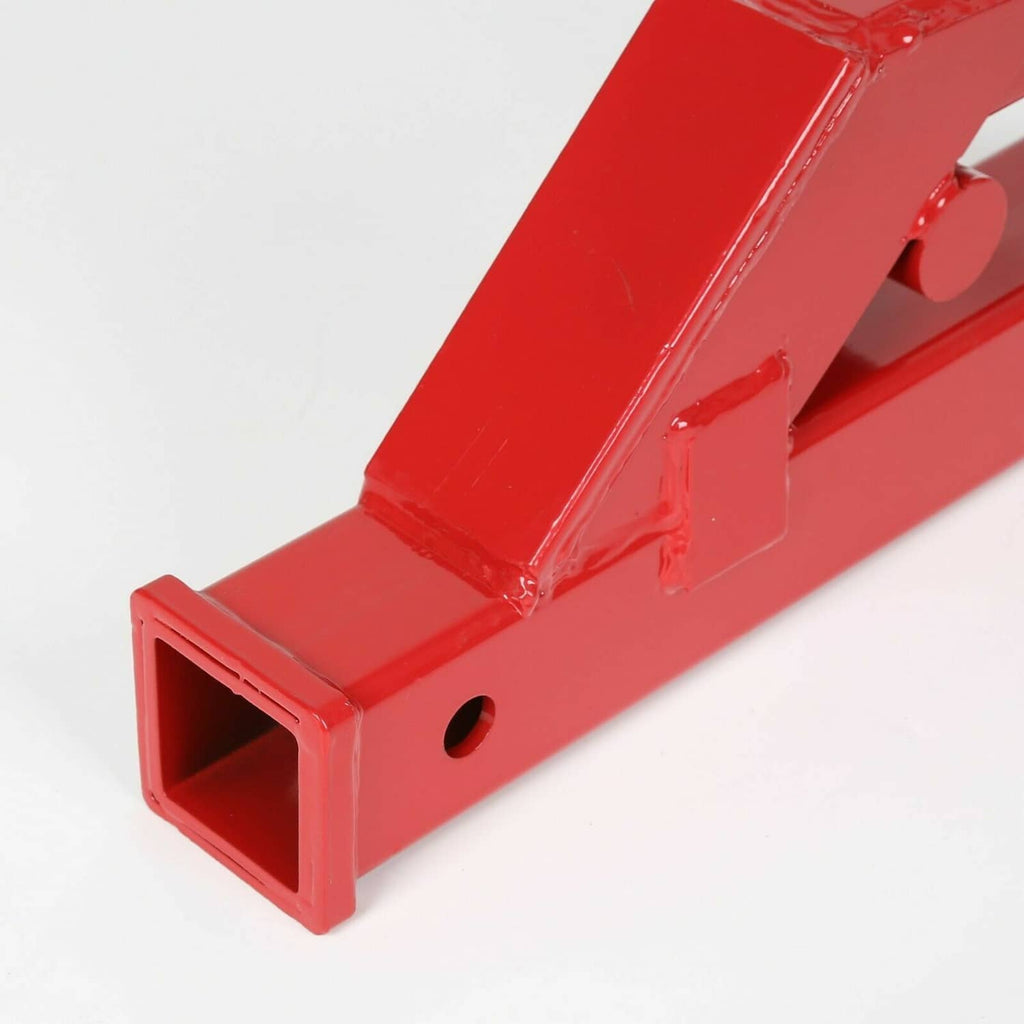 Red trailer hitch receiver clamp with square 2-inch receiver opening and mounting hole