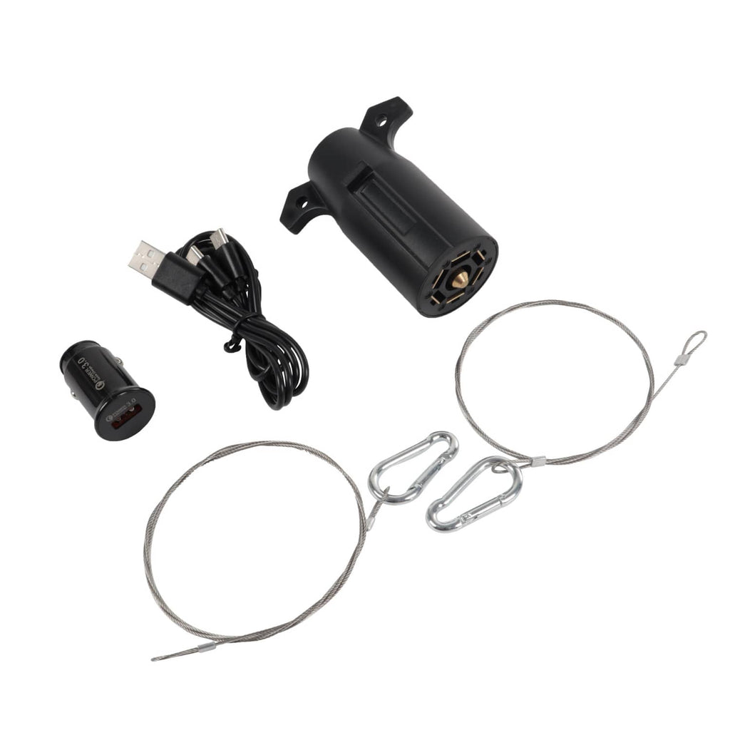 Rechargeable magnetic LED trailer light kit with two lights, cables, and charger block