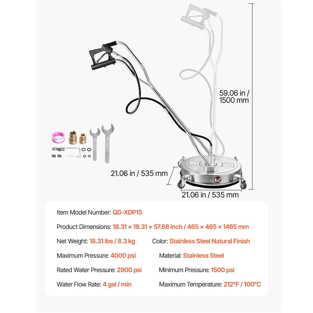 18-inch pressure washer surface cleaner with handle, 4 wheels, and included parts kit