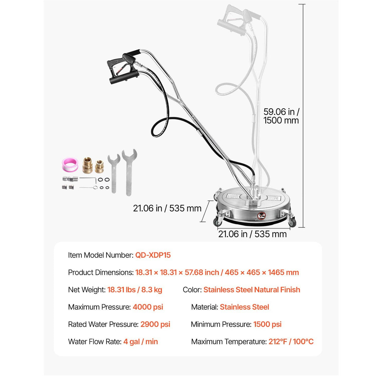 18-inch pressure washer surface cleaner with handle, 4 wheels, and included parts kit