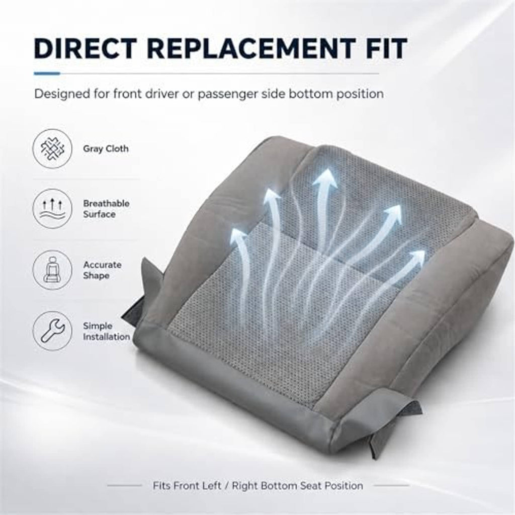 Gray cloth seat cover, curved shape with smooth outer sides and perforated texture