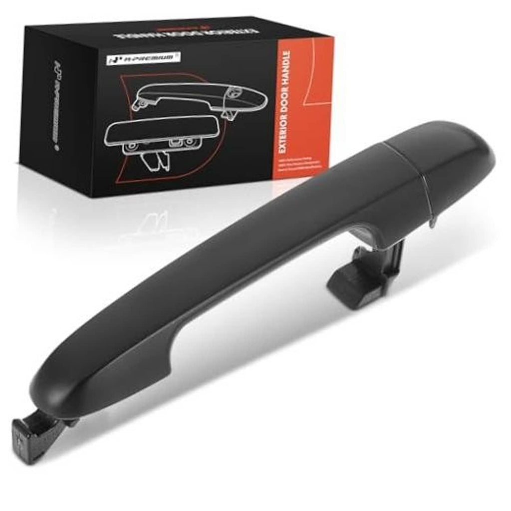 Front right exterior door handle, smooth matte black plastic with mounting base